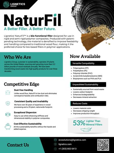 Informative flyer about NaturFil, a sustainable bio-functional filler by Lignetics.