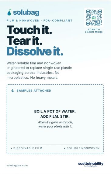 Solubag water-soluble film replaces single-use plastics.