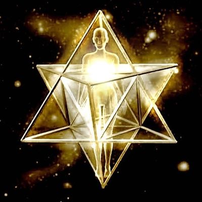 Golden Merkaba transportation vehicle with human light figure inside.