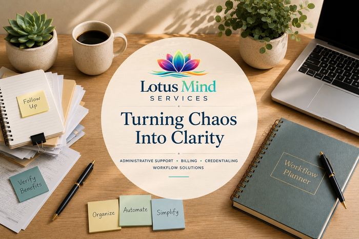 Workspace with Lotus Mind Services promoting clarity and organization.
