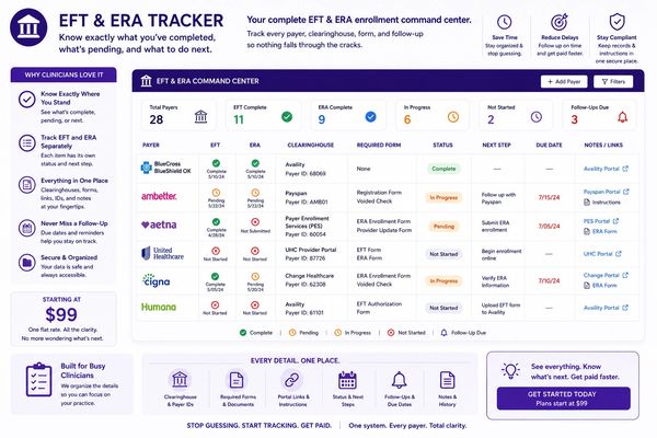 EFT &amp; ERA Tracker dashboard showing player status, forms, and next steps for healthcare payments.