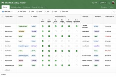 Client onboarding tracker spreadsheet with status, therapist, and next steps.