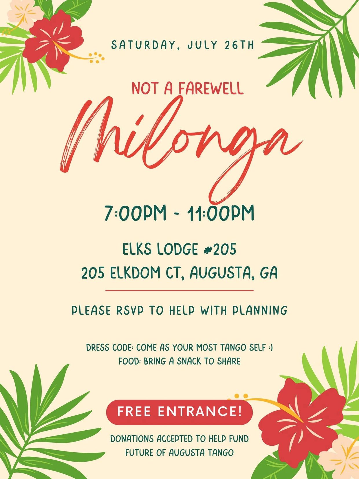 Invitation to a free Milonga dance event on July 26th at Elks Lodge in Augusta, GA.