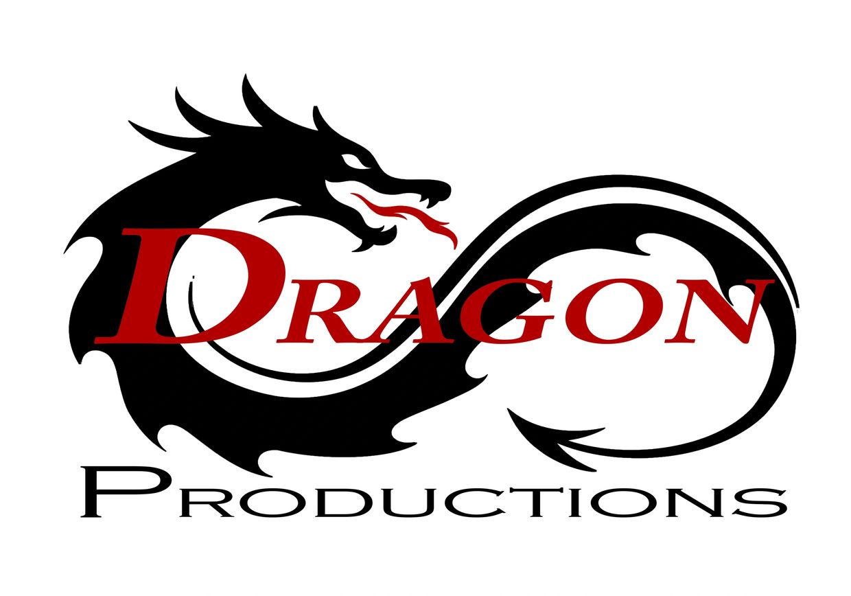 Logo of Dragon Productions with a black dragon and red text.