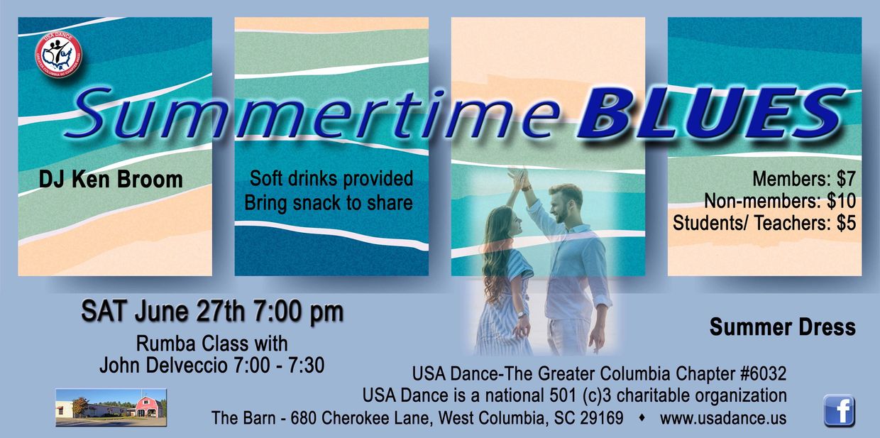 Summertime Blues dance event with DJ Ken Broom, refreshments, and Rumba class in West Columbia.