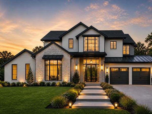 Modern two-story house with warm lighting at sunset.