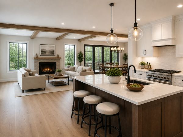 Modern open-plan kitchen and living room with natural light and cozy fireplace.
