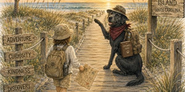 Child and dog ready for adventure on a beach path.