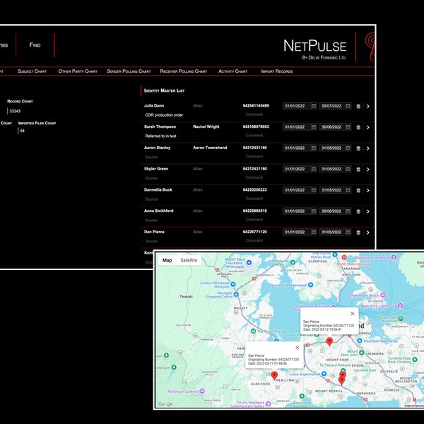 Forensic software NetPulse showing identity list and location map for investigation.