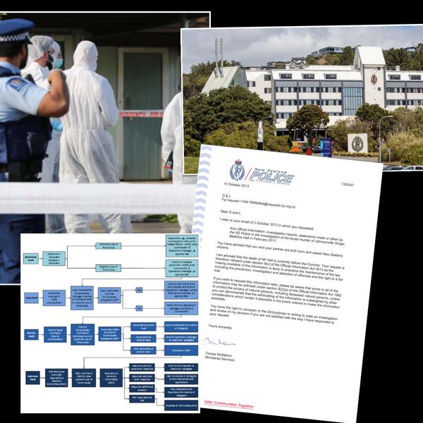 Police officers and forensic team at a crime scene with official documents and police headquarters.