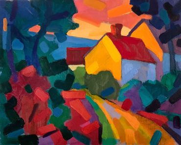 colorful landscape painting with house