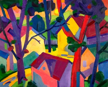 colorful landscape painting with house