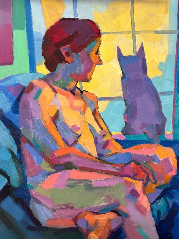 figure painting with cat in window