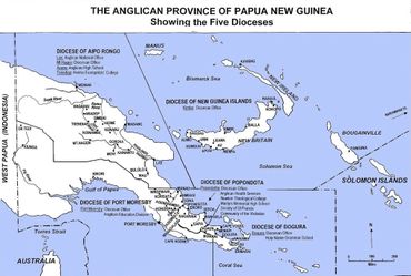Map showing the five Anglican dioceses in Papua New Guinea and surrounding islands.