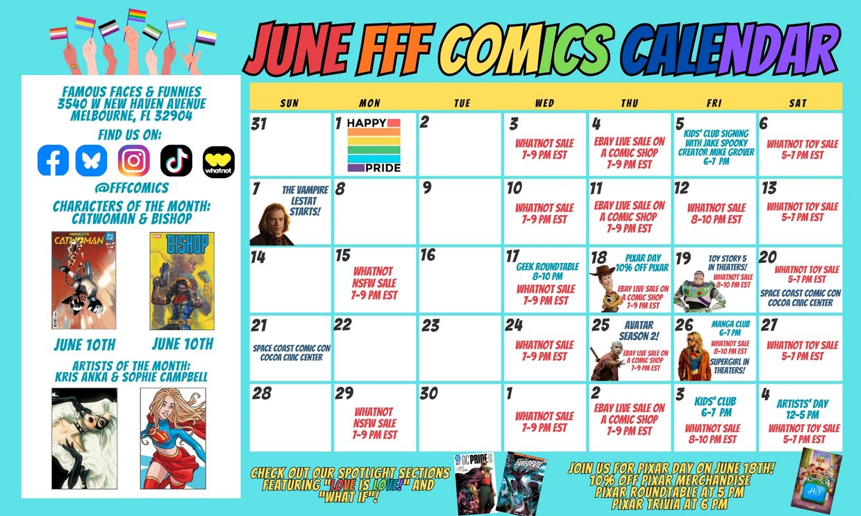 Colorful June calendar with comic events, sales, and featured characters Catwoman and Bishop.