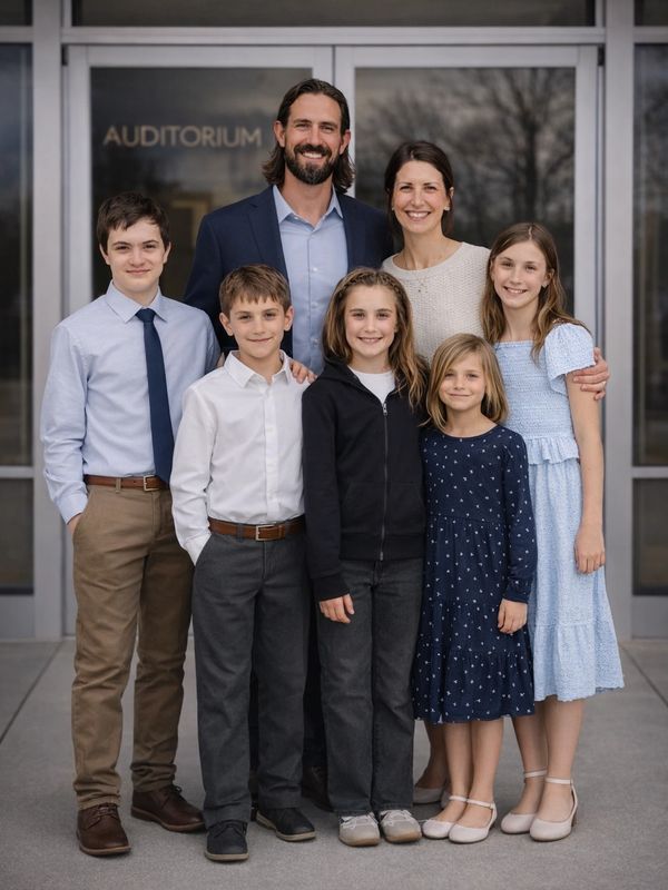 Smiling family of seven posing outside an auditorium.