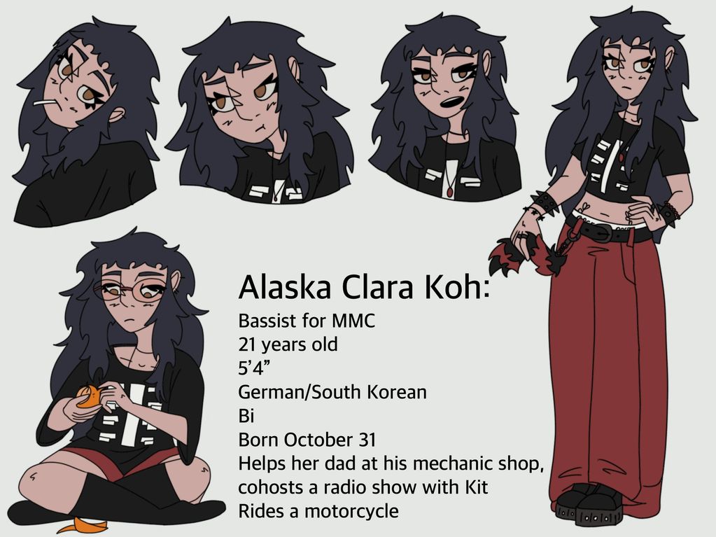 Character sheet of Alaska Clara Koh, a 21-year-old bassist with multiple expressions and full body pose.