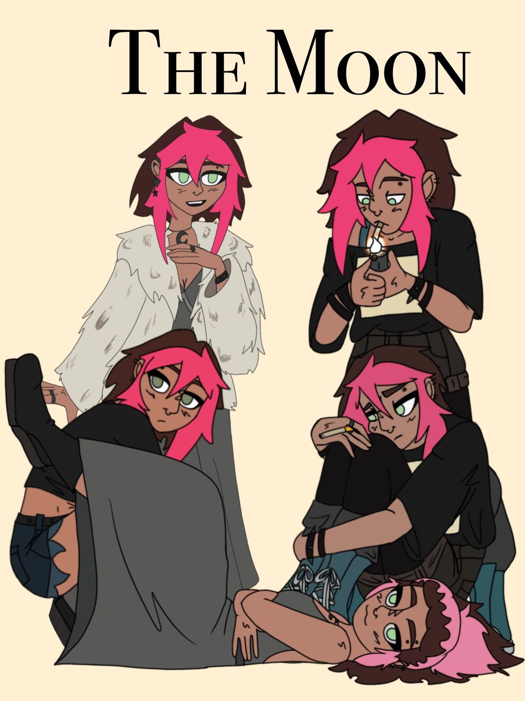 Illustration featuring four characters with pink hair and green eyes under the title 'The Moon'.