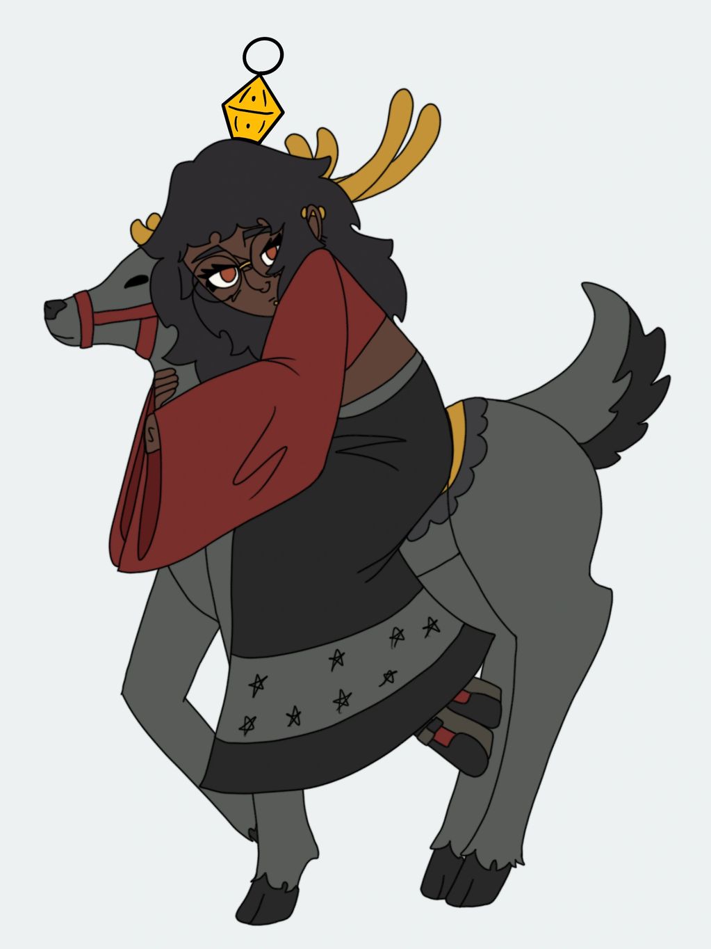 A person with antlers hugging a gray deer-like creature wearing a crown.