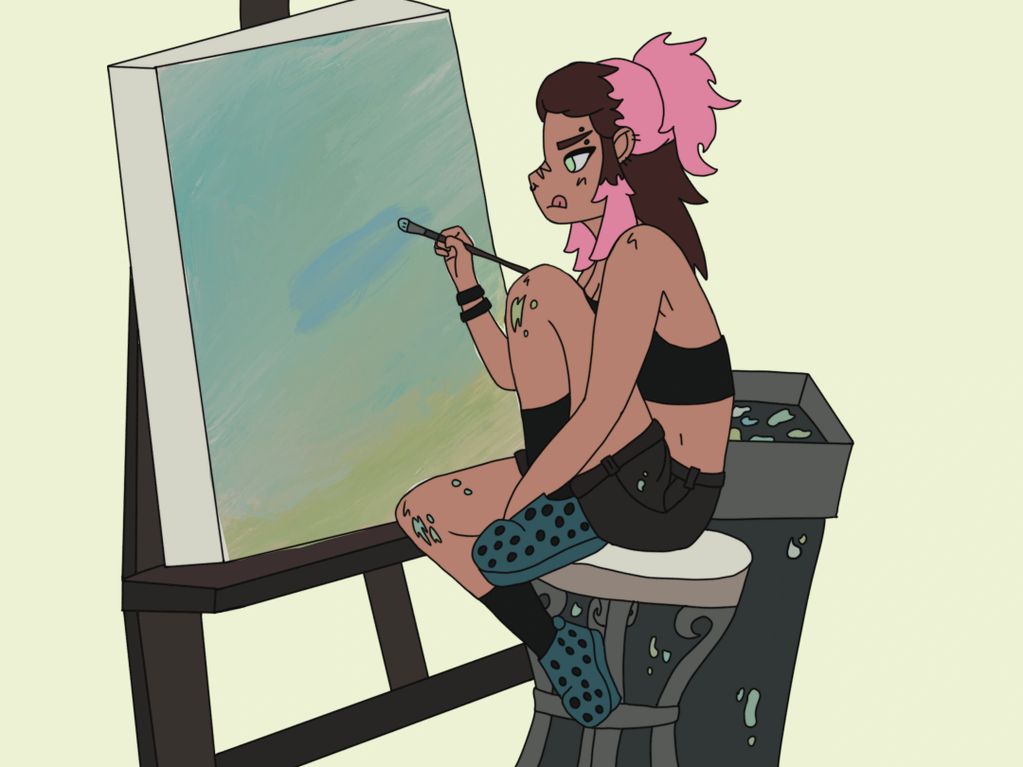 A focused young artist painting on a canvas with a brush.