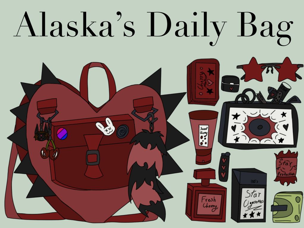 Illustration of a heart-shaped bag and cherry-themed items titled Alaska's Daily Bag.