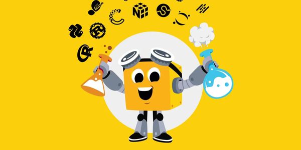 Yellow box character standing, holding science beakers, representing a bold and innovative approach.