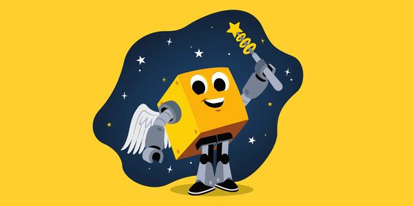 Yellow box character with a star wand on a starry background, symbolizing creativity and innovation