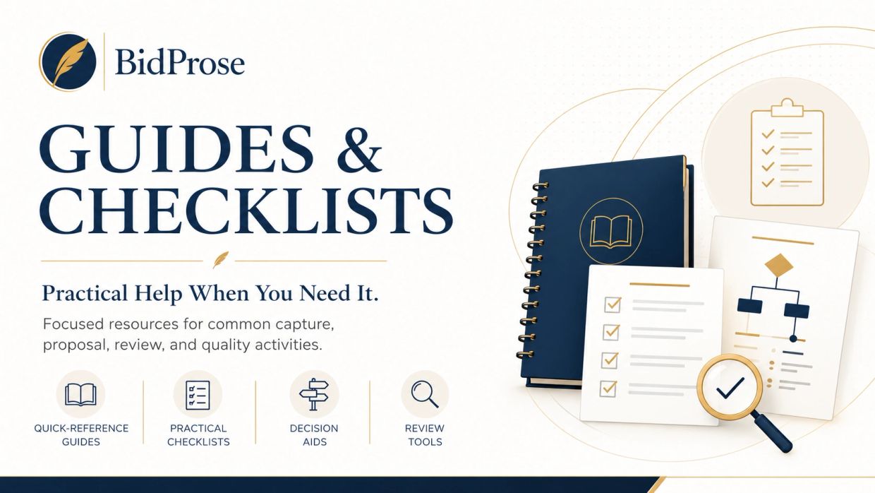 BidProse Guides &amp; Checklists for practical proposal help.