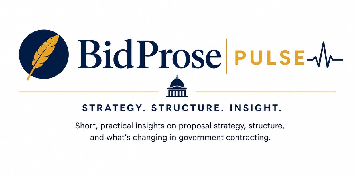 BidProse Pulse logo with tagline about proposal strategy and government contracting insights.
