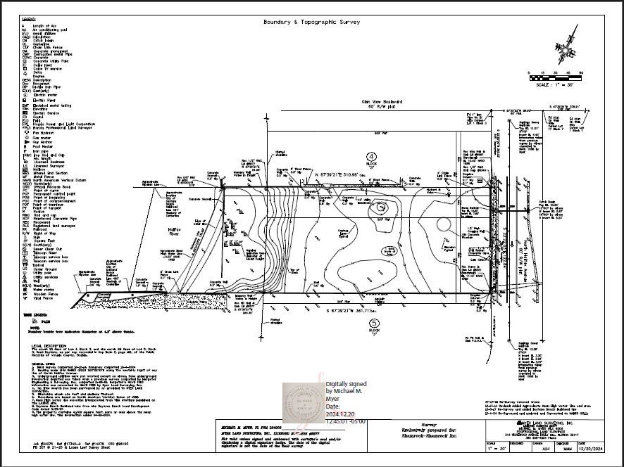 A detailed boundary and topographic survey map with legend and measurements.