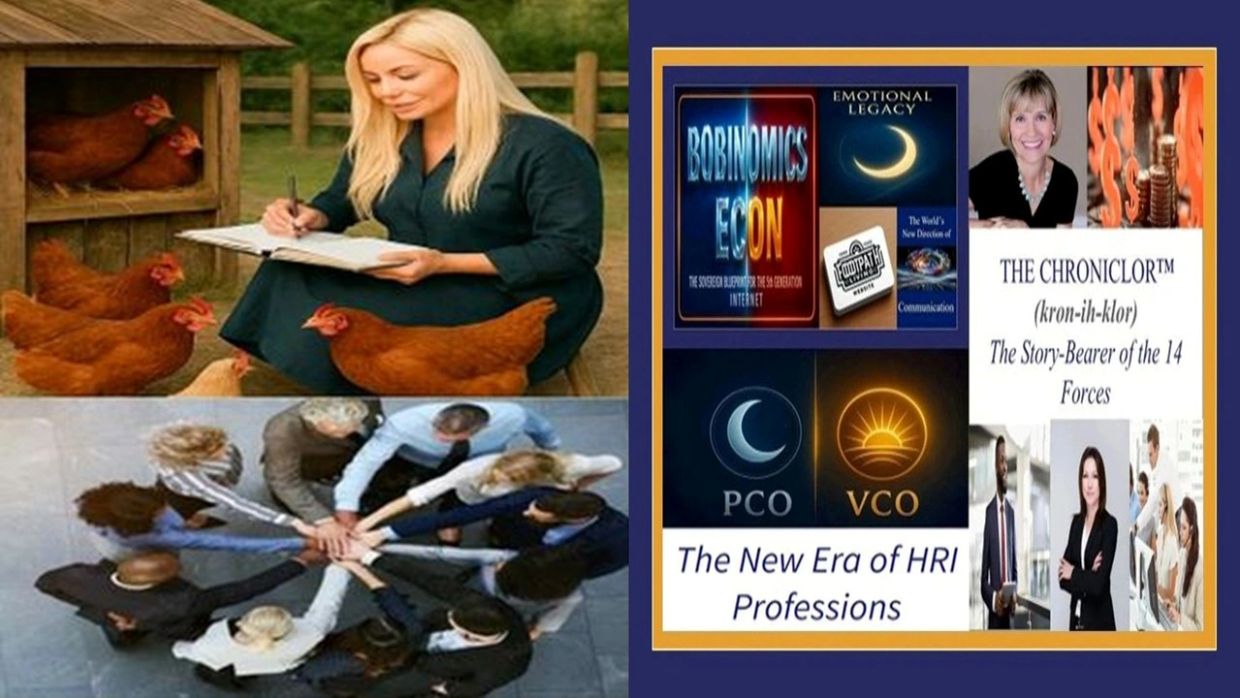 Woman feeding chickens and team collaboration with HR concepts.