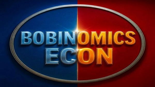 Logo split blue and red with text 'BOBINOMICS ECON'.