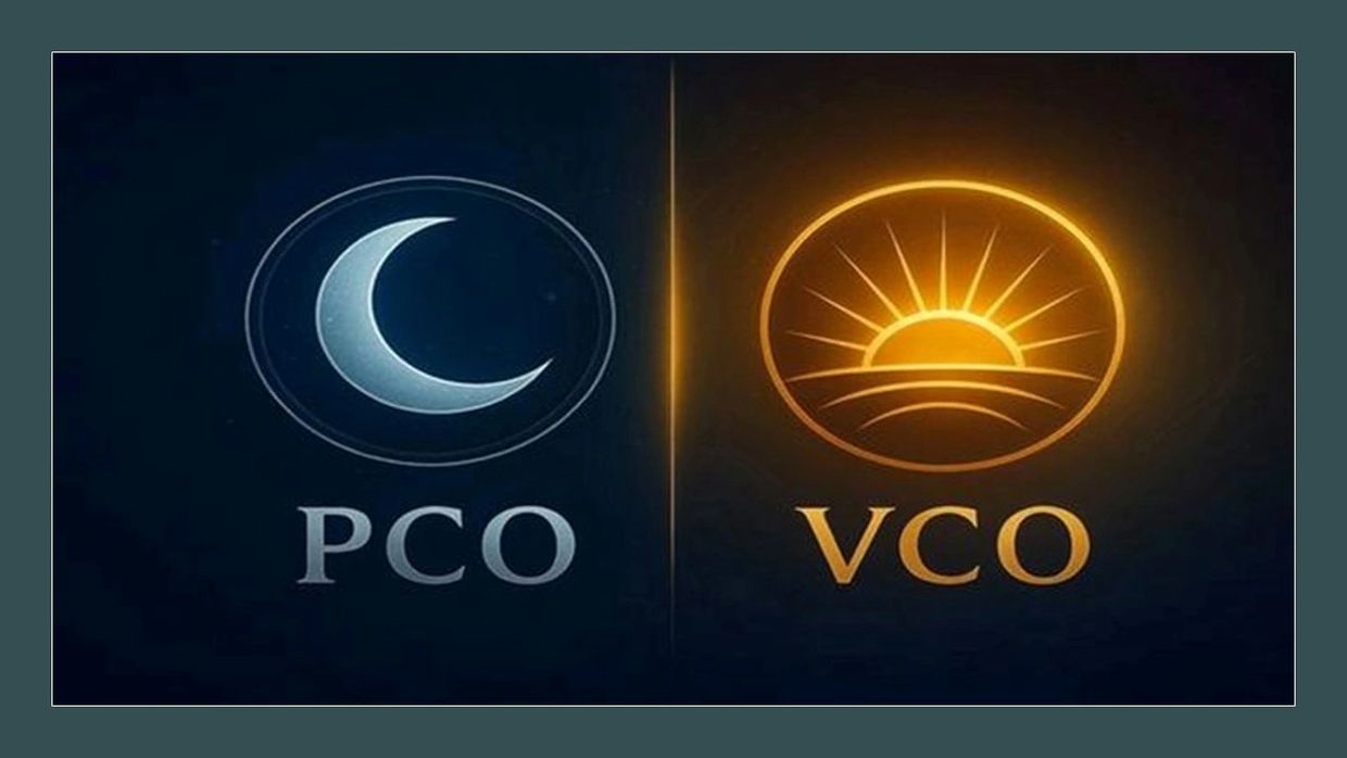 Logos of PCO with a crescent moon and VCO with a rising sun.