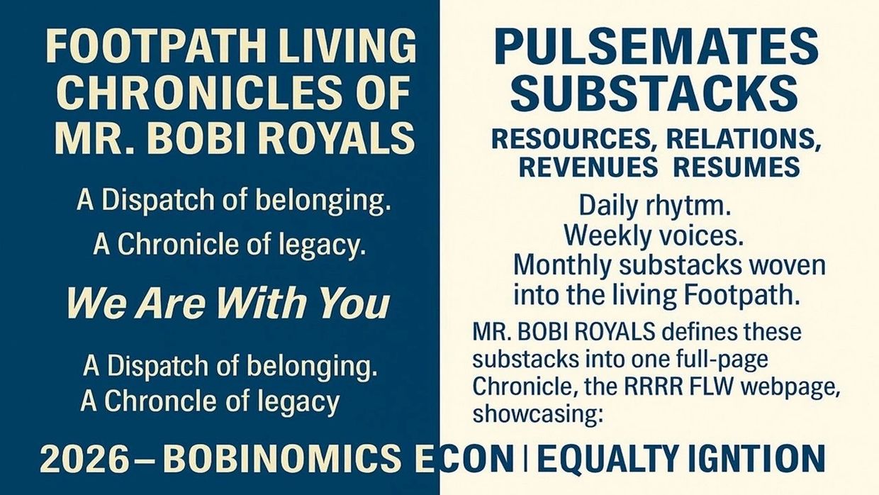 Promotional graphic highlighting Footpath Living Chronicles and Pulsemates Substacks by Mr. Bobi Royals.