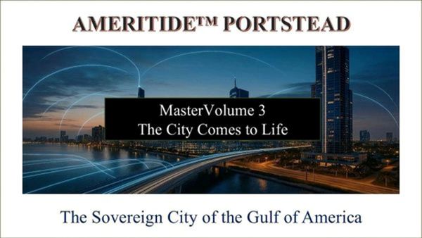 Cityscape of Ameritide™ Portstead with digital connectivity visuals.