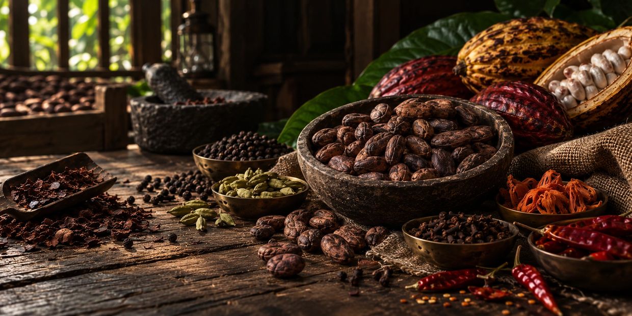 Assortment of spices and cacao pods on wooden table.