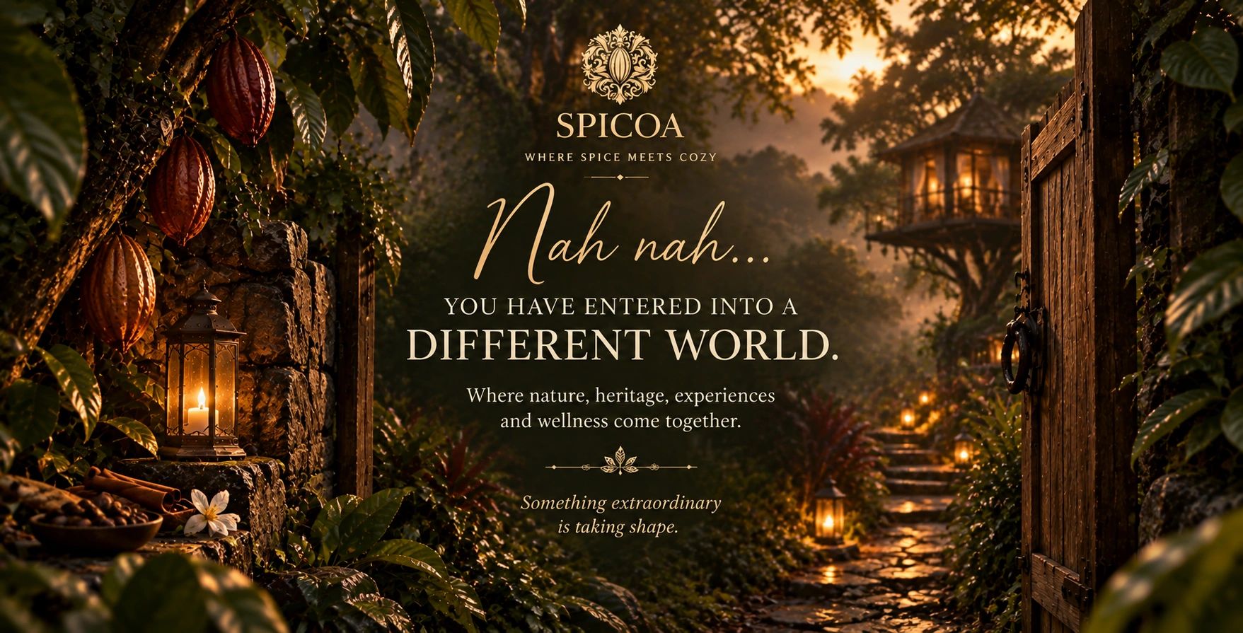 SPICOA Magic World entrance with cocoa trees, lantern-lit garden path and secluded treehouse