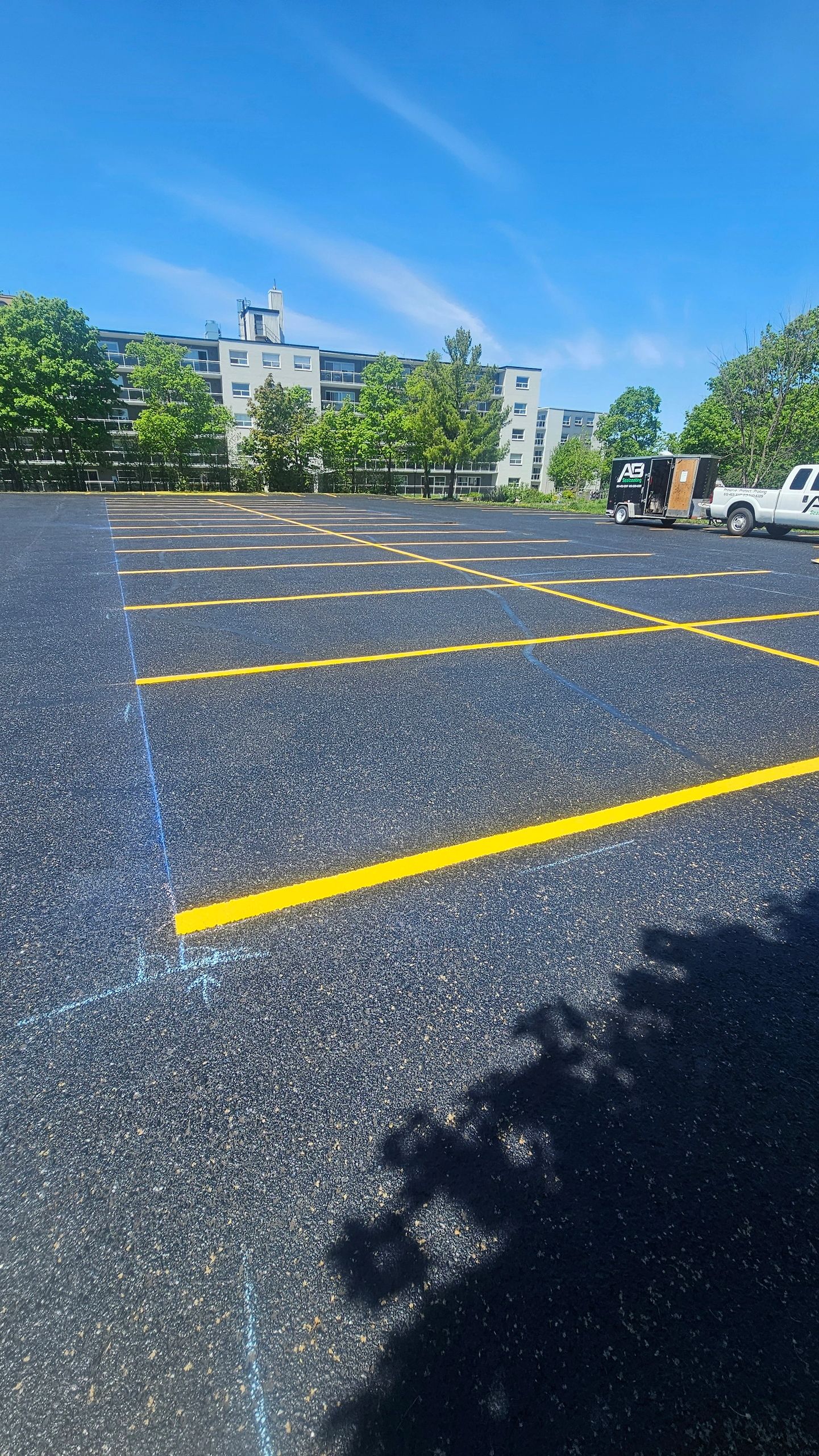 Freshly painted empty parking lot with bright yellow lines under a clear blue sky.