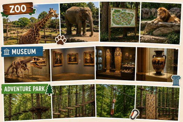 Collage of zoo animals, museum exhibits, and adventure park activities in a forest.