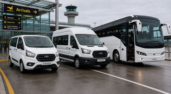 Three white passenger vehicles parked at an airport arrival area.