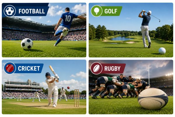 Images showing football, golf, cricket, and rugby sports scenes.