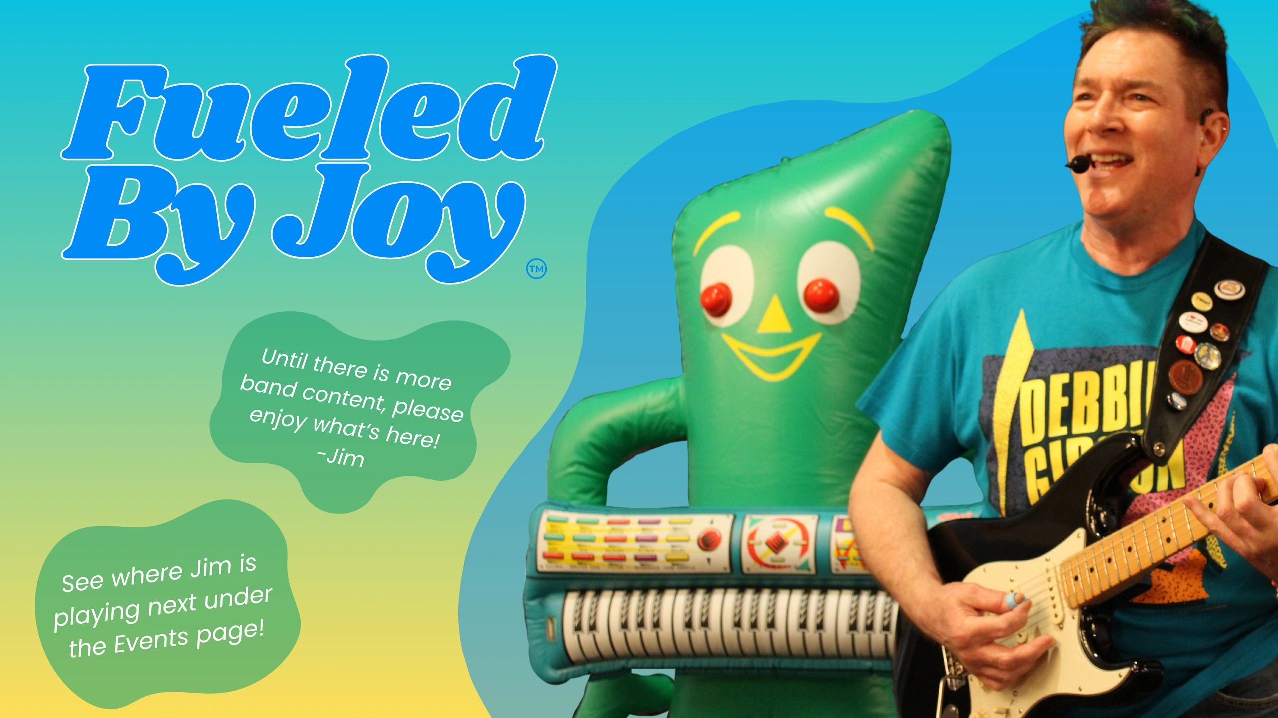 Jim Andrews smiling and singing for his band, Fueled by Joy. 