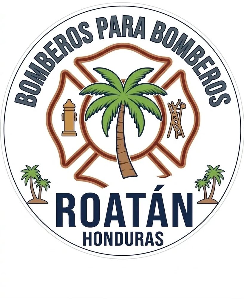 Logo for Roatán Honduran firefighters featuring a palm tree and firefighting symbols.