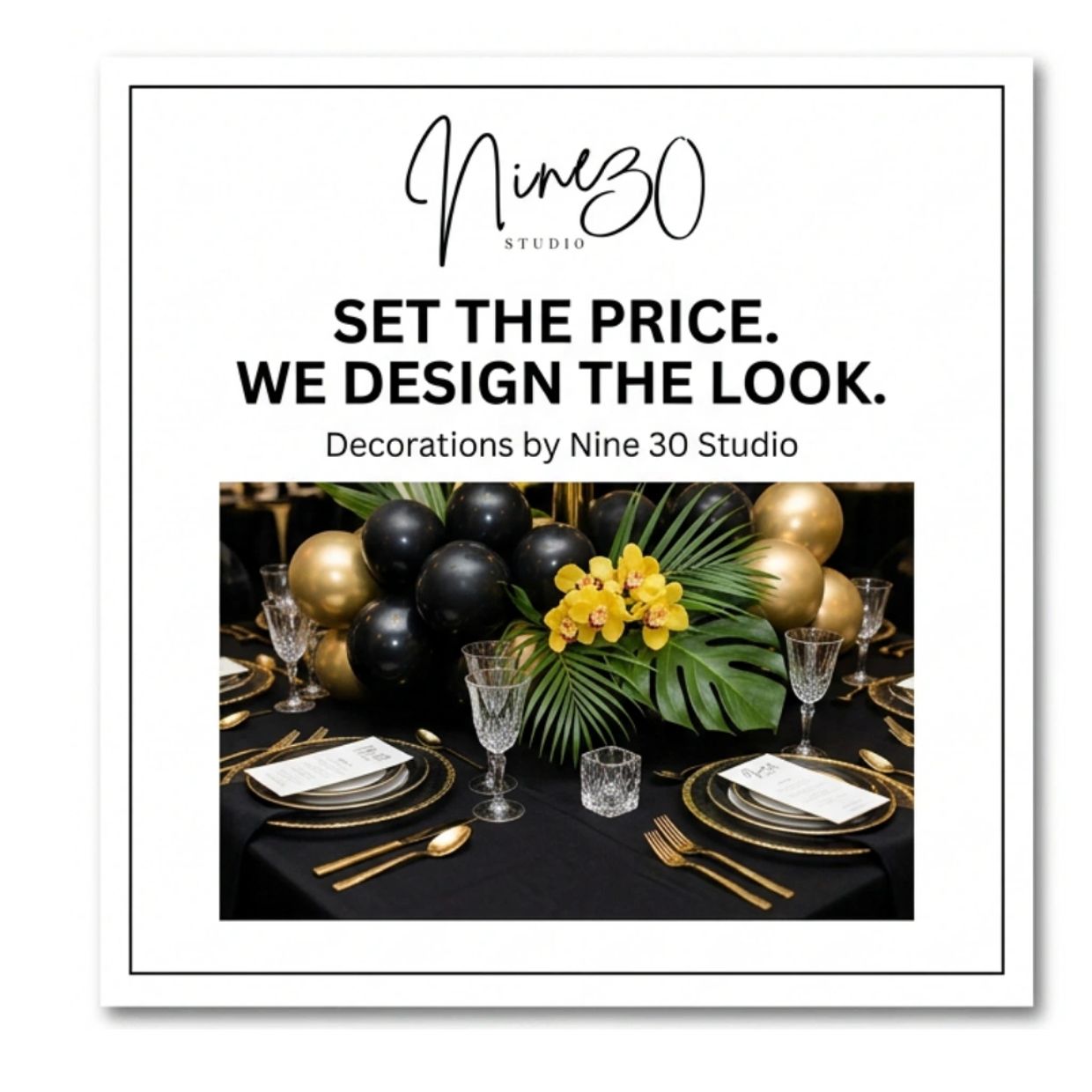 Elegant black and gold table setting with floral centerpiece by Nine 30 Studio.