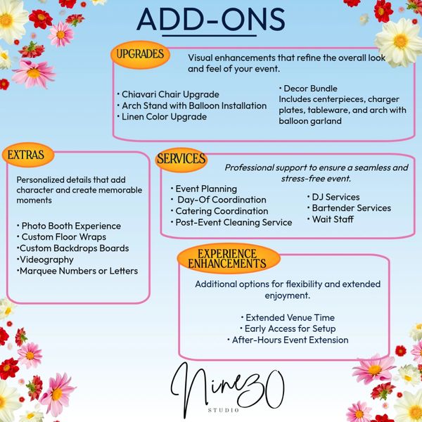 Creative event add-ons for upgrades, extras, services, and experience enhancements.