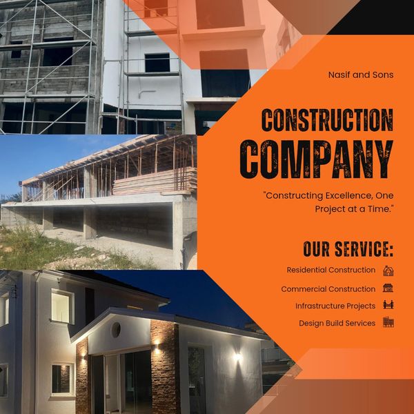 Construction company ad showcasing residential and commercial projects with services listed.
