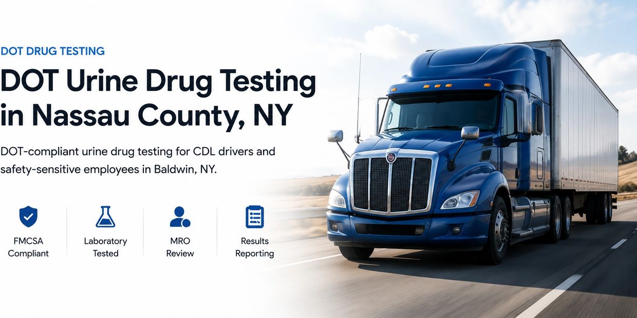 DOT urine drug testing in Nassau County, NY for CDL drivers and safety-sensitive employees, featurin