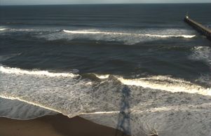 Argus image of waves breaking over sand bar at Duck, NC from camera tower (see shadow in foreground)