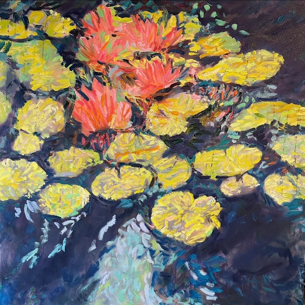 Impressionist painting of yellow lilies with pink flowers on water.