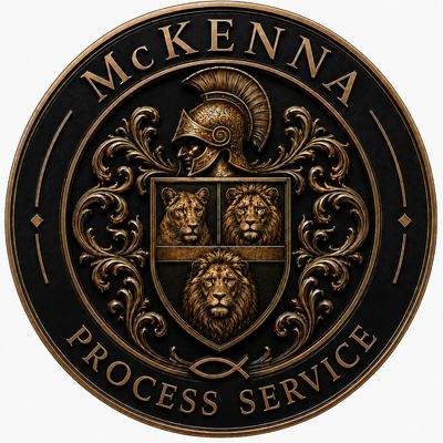 Elegant McKenna Process Service emblem with lions and a helmet.